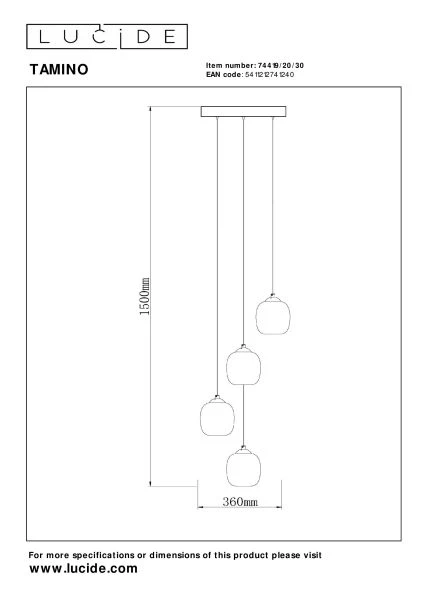 Lucide TAMINO - Suspension - Ø 36 cm - LED Dim. - 4x5,2W 3000K - Noir - technique